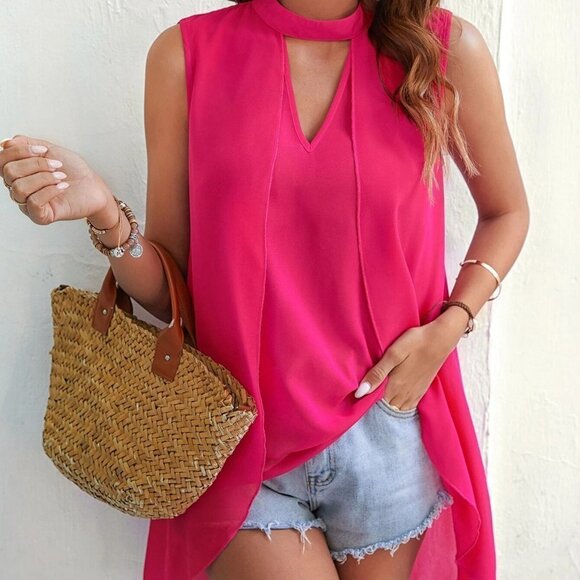 Pink Casual Womens Solid Choker Neck Sleeveless Blouse - Picture 1 of 5